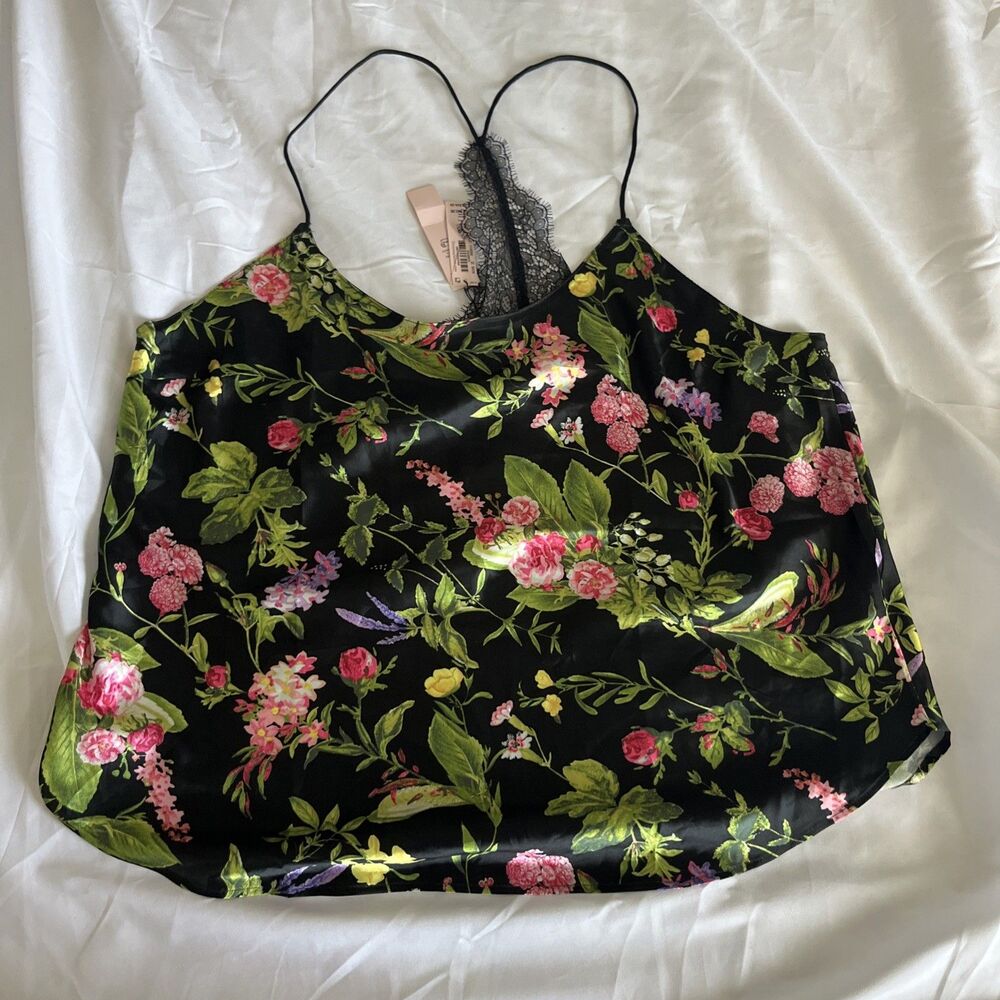 Victorias Secret Satin Camisole Top NWT Black Floral Lace Back Halter Size L